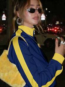 American Street Style Contrast Color Graphic Print Zip-Up Loose Fit Half-Turtleneck Sweatshirt For Women, Suitable For Casual Daily Wear Or Layering In Spring/Summer - Navy Blue - View 6