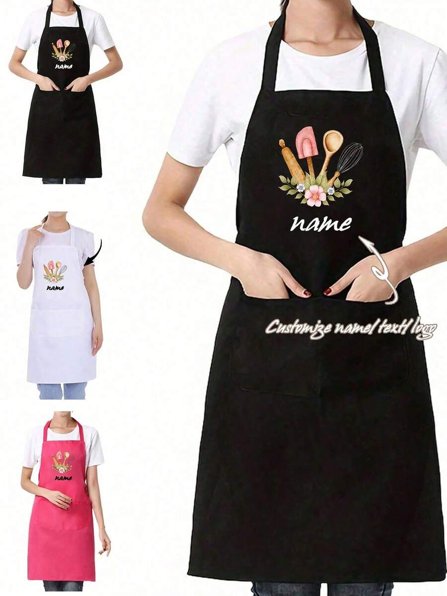 1pc Customized Printed Fashionable Apron - Unisex Sleeveless Nordic Style Kitchen Apron, Customized Black Cooking Apron, Modern Polyester Waterproof Apron, Customized Kitchen Apron, Customized Fun Cooking Kitchen Apron, Customized Cooking Utensils, Washing Gloves - Multicolor - View 1