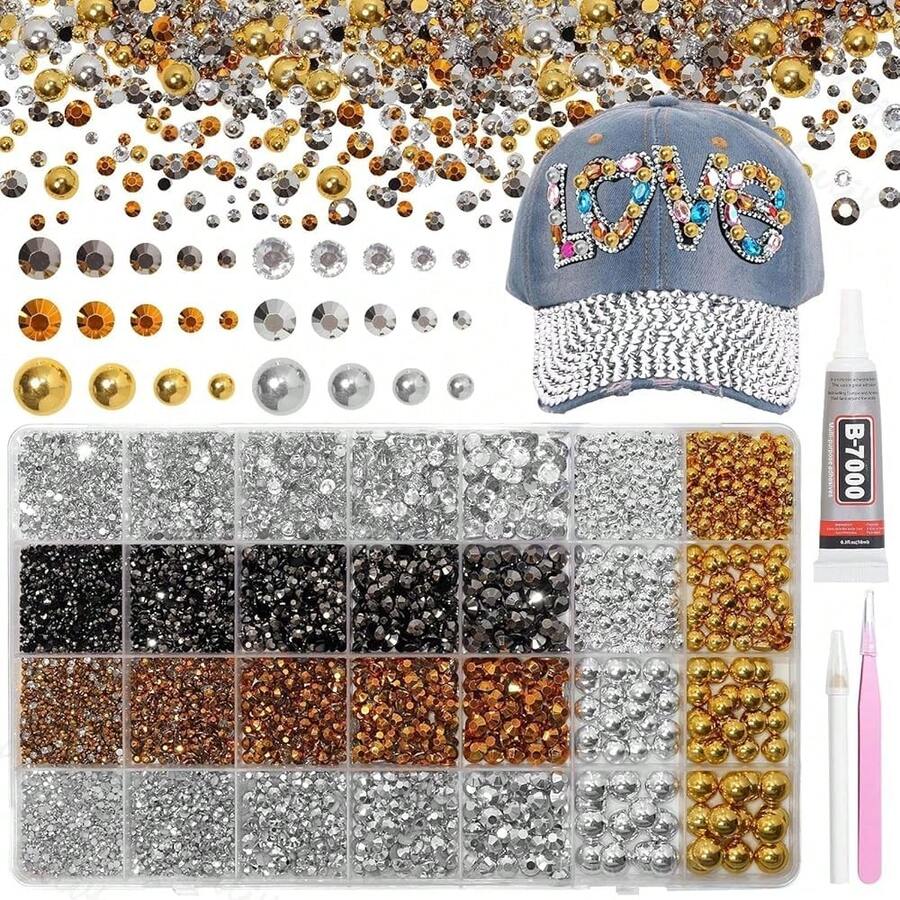 14000Pcs Mixed Gold Silver Flatback Rhinestones And Pearls For Bedazzling Kit, 2-6mm Resin Gems Bedazzling Rhinestone, 4-10mm Flatback Pearls Gems Rhinestones For Crafting DIY Face Makeup - S4 - 查看 1