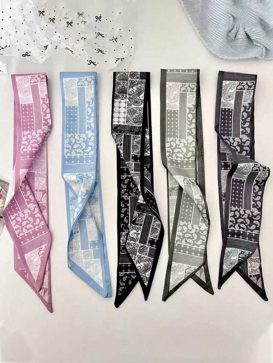 5pcs Women's Paisley & Cashew Print Long Chiffon Scarf Headband, Casual Elegant For Daily, Date, Vacation, Versatile Gift Women Hair Accessories Casual Hair Band Elegant Head Scarf - Multicolor - View 1