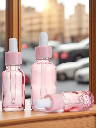 1/5 pièces Bouteilles en verre rechargeables roses de 10/20/30 ml avec compte-gouttes, bouteilles d'huiles essentielles roses avec compte-gouttes, bouteilles de sérum cosmétique, convient pour les voyages et l'usage domestique