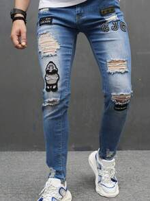 Pantalones vaqueros ajustados pitillo para hombre | Nuevos modelos, estampado de letras, rotos, casual juvenil - 207 - Ver 1