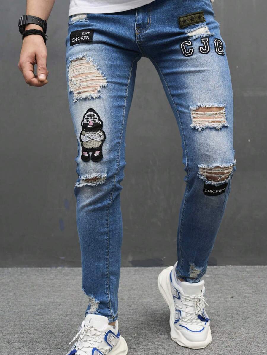 Pantalones vaqueros ajustados pitillo para hombre | Nuevos modelos, estampado de letras, rotos, casual juvenil - 207 - Ver 1