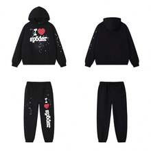 Classic Letter-Printed Men's And Women's Casual And Fashion Fleece Hooded Sweatshirt And Pants Set - Black - View 7
