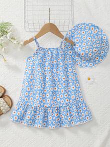 MommBaby Baby Girl Summer Beach Daisy Print Sleeveless Dress With Hat - Baby Blue - View 12