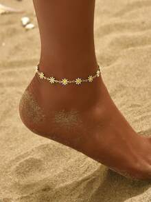 1件简约优雅可爱雏菊花脚链，百搭女士日常休闲、海滩、派对等场合佩戴（花朵数量随机） - 白色 - 查看 6