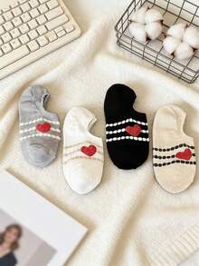 4双装女士纯棉薄袜，新款心形船袜，韩版涂鸦条纹防滑透气隐形袜，随机发货 - 彩色 - 查看 2