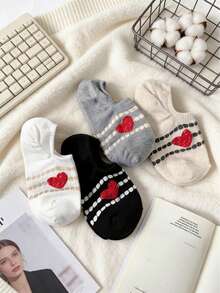 4双装女士纯棉薄袜，新款心形船袜，韩版涂鸦条纹防滑透气隐形袜，随机发货 - 彩色 - 查看 3