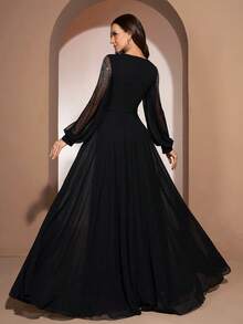 YISIKADO Rhinestone Chiffon Evening Dress Modest Round Neck Lantern Sleeve Luxury Formal Women Dresses For Wedding Guest Birthday Prom Party Black - Black - View 3