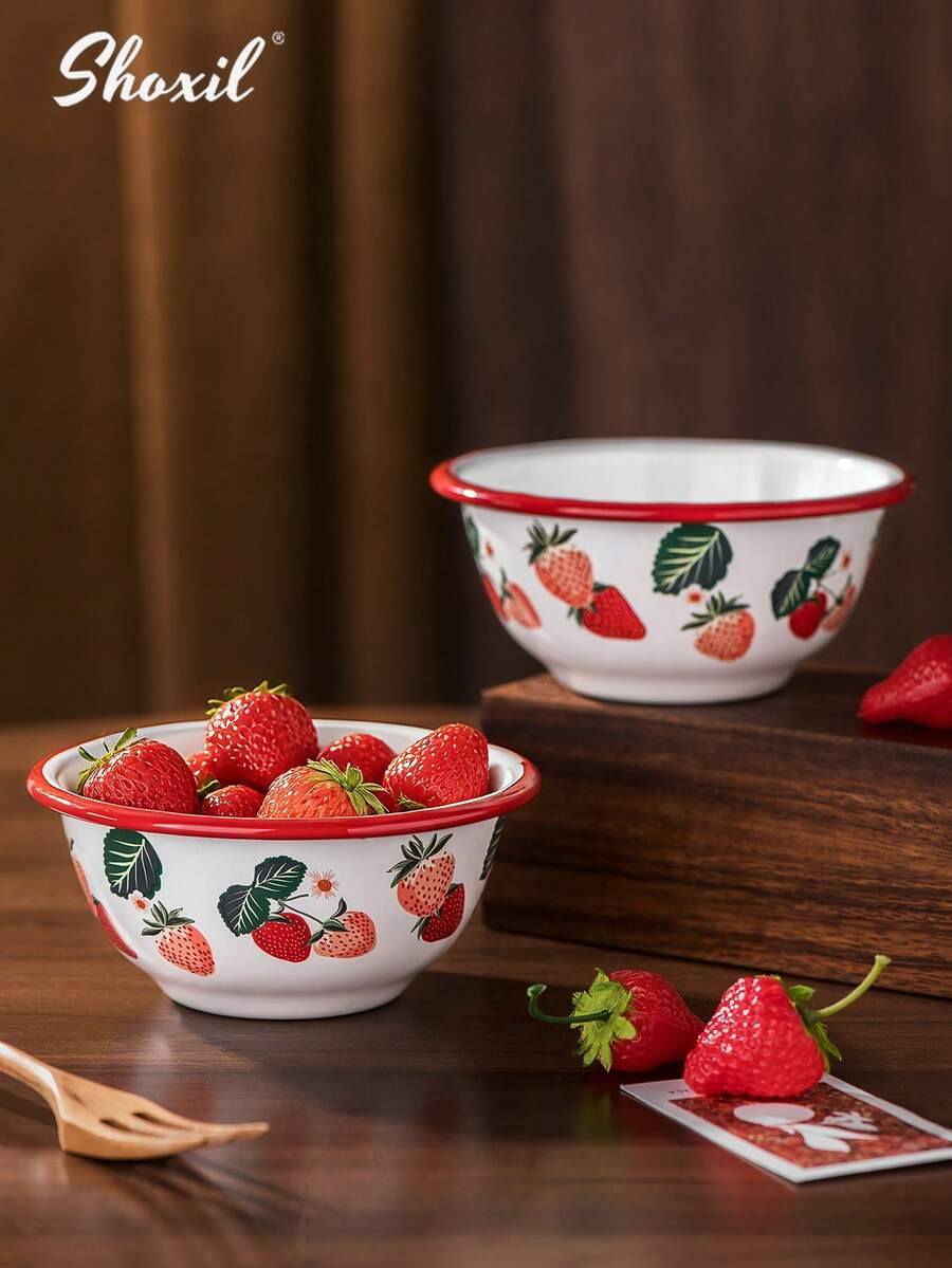 shoxil 1/2pcs Strawberry Printed Enamel Bowl, Fruit Bowl, Yogurt Bowl, Rice Bowl, Tray, Enamel Material, For Home, Party, Entertaining Guests, Used During Ramadan - Bowl - View 1