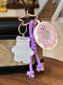 1pc Leather Donut Keychain, Cute Cartoon Bear Bag Charm Pendant
