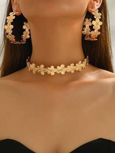 2 sztuki/zestaw w stylu bliskowschodnim, modny, metalowy, geometryczny, kwiatowy naszyjnik i kolczyki, uniwersalny do noszenia na co dzień, na imprezy, prezenty świąteczne dla rodziny/przyjaciół