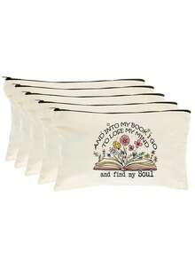 5/2/1pcs Floral & Book Reading Themed Canvas Zipper Storage Bags Gift Packaging Set, Creative "You're Awesome" Motivational Small Gift Bags, Suitable For Back To School, Graduation, Travel, Birthday, Anniversary, Teacher's Day, Appreciation Gifts - Beige - View 13