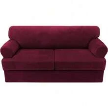 Trugenix-Sofa Cover 2 Piece T Cushion Armchair Slipcovers Velvet Couch Cover Furniture Protector Stretch T Cushion Sofa Covers For 1 Cushion Couch With 1 Individual T Cushion Covers, Deep Teal-GP - 酒紅色 - 查看 9