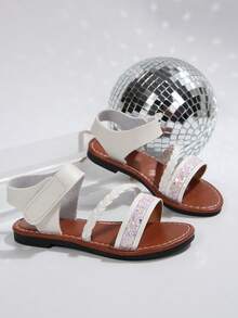 1 Pair Girls' Summer Sequin Woven Sandals, White Open Toe Hook And Loop Comfortable Soft Bottom Children Sandals - White - View 5