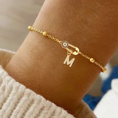 1 Pc New Classic Eye Pin Initial Pendant Golden Stainless Steel Bead Chain Bracelet For Women