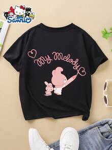 Sanrio Authorized The Lovely My Melody Printed T-Shirt, Fashionable Children's Short-Sleeved Shirt, Elastic And Breathable, Suitable For Outdoor Leisure Sports In Summer, Creative Printed Design Before And After, A Birthday Gift That Girls Like. - 黑色 - 查看 2