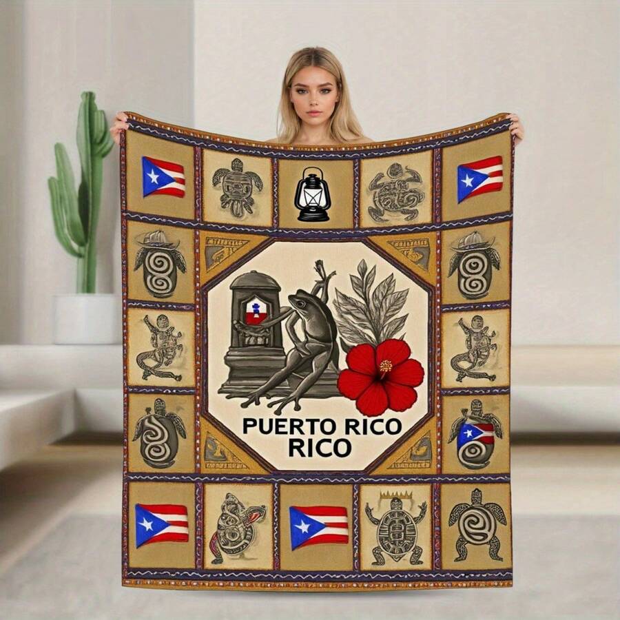 Puerto Rican Themed Flannel Blanket - Vibrant Cultural Prints With Flags, Symbols & Puerto Rico Text - Soft Warm Travel Digital Print,Suitable For All Seasons,      Washable And Machine-Washable, Lightweight, Breathable, Comfortable, Warm,  Unique, 280gsm For Him And Her, Perfect For Naps, Camping, Travel, Family, Daily Life, Office Decoration, Birthday Anniversaries, Valentine's Day, Thanksgiving, Christmas, Halloween, Mother's Day, Father's Day, Wedding,   New Year Gifts Provide Personalized Ideal Gifts For Her, Him, Family Members, Boyfriends,  Girlfriends, Fathers, Family Members, Mothers, Lovers,   Daughters, Sons,   Grandfathers, Grandmothers,     Friends, Classmates And Pets.     Sofa,Bed,Car,Bedroom,Living Room,Office,  Outdoor Camping, Beach,Wall Decoration - Nhiều màu 25 - Xem 1