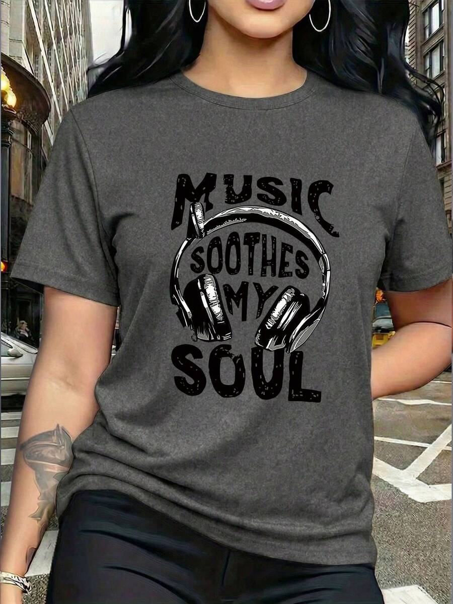Plus-Size Printed T-Shirts, Music Soothes My Soul, Casual And Comfortable For Everyday Wear |Summer - Dark Gray - View 1