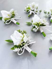 1支/6支装人造PU郁金香新郎胸花男士兄弟腕花毕业别针西装婚礼鲜花派对装饰 - 白色 - 查看 5