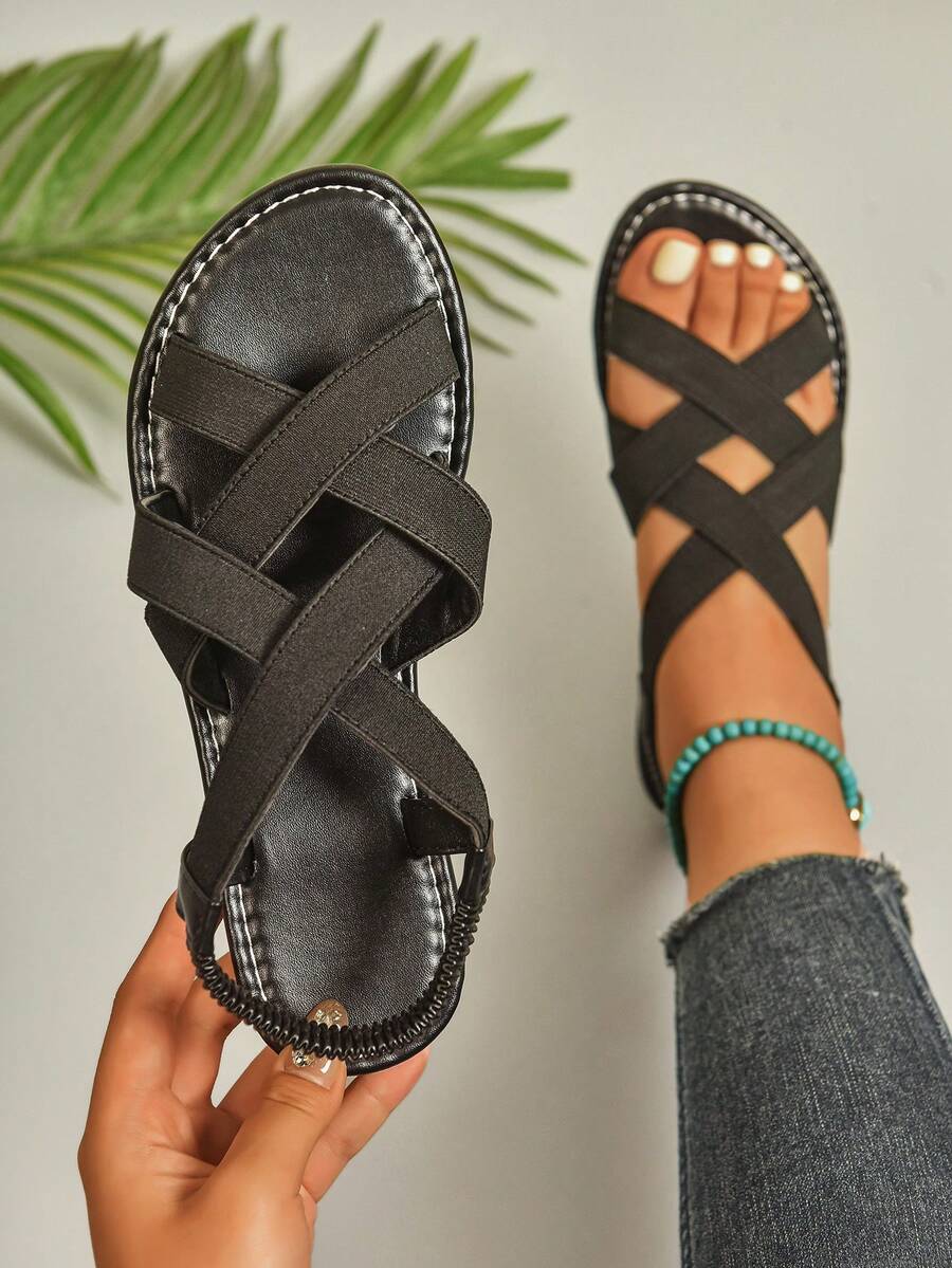 女士平底凉鞋，时尚宽楦编织带经典凉鞋，多功能户外简约轻便凉鞋，女士沙滩交叉带休闲凉鞋 - 黑色 - 查看 1