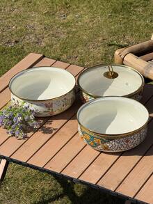 SummitPulse 1pc Vintage Floral Enamel Shallow Pot, Suitable For All Seasons, With Gold-Rimmed Double Handles/Handleless Design, Multifunctional Cookware For Home And Commercial Use (Can Be Used As Soup Pot, Stew Pot, Instant Noodle Pot), Ideal For Holiday Gatherings, Family Dinners, And A Great Gift For Friends And Family On Holidays Or Birthdays. - Multicolor - View 4