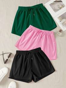 3pcs Solid Color Elastic Waist Drawstring Casual Sports Shorts - Multicolor - View 3