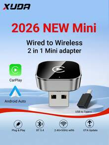 2026 New XUDA 2-In-1 Wireless CarPlay/Android Auto Adapter, 2.4-5.0 GHz WiFi6 Carplay Converter, Wired To Wireless, Fast Auto-Connect Smart Box, No Latency, Compact Design, Fashionable Portable, Sleek & Compact, Compatible With IPhone & Android, With USB/USB-C Port, No Battery