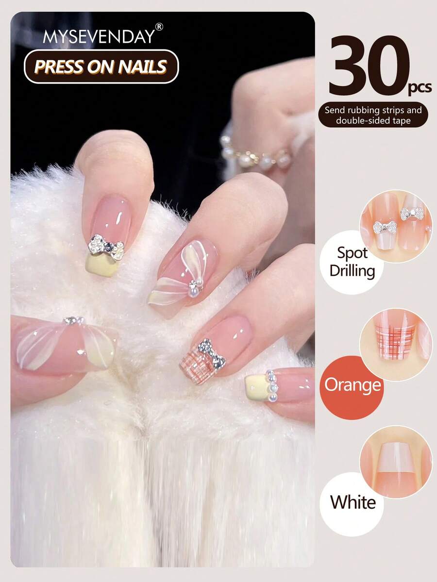 30片方形美甲贴纸/3D金属蝴蝶结，饰有闪亮钻石和珍珠，打造法式美甲/附赠凝胶胶水和贴纸，适用于可重复使用的凝胶美甲，提升您的美甲风格 - 彩色 - 查看 1