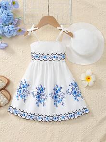 Mommbabay Summer Girls Bowknot Strap Dress, Baby Girl Cute Sleeveless Blue Floral Print Sundress With Hat - White - View 10