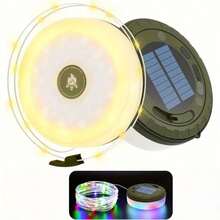 太阳能露营灯串，39.4 英尺仙女灯串，四合一便携式防水露营灯，8 种照明模式，可悬挂充电帐篷灯，适用于圣诞装饰、庭院派对等场合。