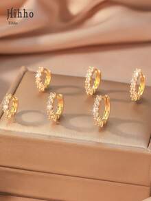 Hihho 3 Pairs Elegant & Fashionable Women's Jewelry Earrings Set, Featuring Various Designs Such As Fully Paved Rhinestone, Waist Chain, And Twisted Rope, Suitable For Daily Commute, Dates, Parties, Can Be Worn Alone Or Stacked, Matching Multiple Styles - Yellow Gold - View 8