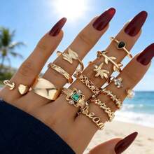 13pcs/Set Vintage Fashionable Multi-Element & Multi-Style Rhinestone Decorated Women's Ring Set, Suitable For Daily Wear, Music Festivals, Beach Trips - Gold - View 7