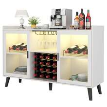 Mueble bar para vinos con luz LED, mueble para café con estante para vinos y copas, aparador de cocina con estantes de almacenamiento, mueble botellero independiente para salón o comedor - Blanco - Ver 2