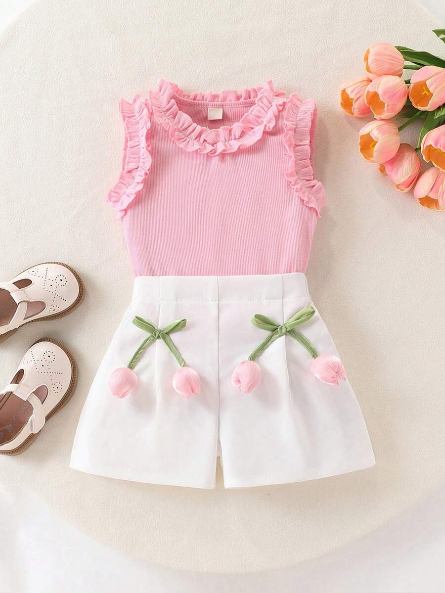 Children's Pink Sleeveless Top And White Tulip Shorts Two Pieces Set - Pink - View 1