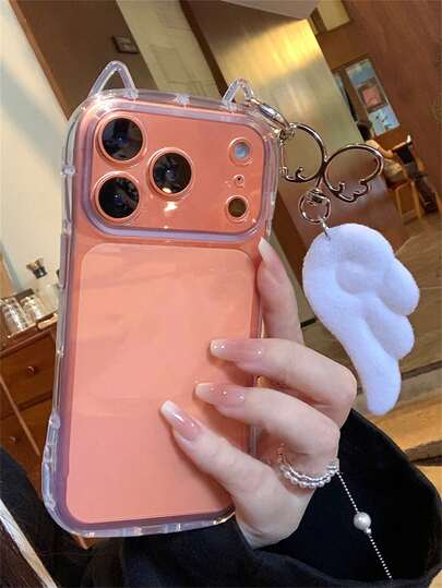 可爱3D猫耳设计摄像头镜头保护透明手机壳 + 白色天使翅膀吊坠，兼容 17 Pro Max、16 Pro Max、17 Pro、16、17、15、14、13、12 Pro Max、16、15、14 Plus、17 Air，卡哇伊创意TPU软后盖