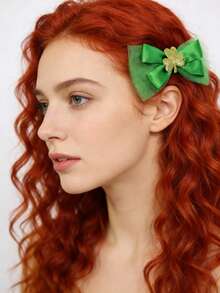 4pcs St. Patrick's Day Hair Accessories, Irish Glossy Satin Bow Hair Clips, Clover Alligator Clip Headpieces, Essential Fashion Accessories For Holiday Dress-Up, Perfect Gifts For Family And Friends - Multicolor - View 3