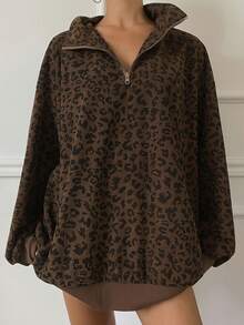 Women's Leopard Print Corduroy Collar Loose Fit Pullover Casual Sweatshirt Y2k,Women's Leopard Print Long Sleeve Zip-Up Drawstring Hooded Casual Loose Sweatshirt - 棕色*旗艦款 - 查看 2