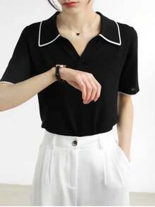 女士休闲撞色Polo领V领短袖针织衫，浪漫优雅，适合日常穿搭、商务休闲、办公室通勤，复古风针织衫，黑色夏季款 - 黑色 - 查看 6