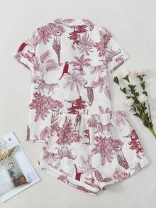 Giraffe & Monkey Print Short Sleeve Shorts Pajama Set For Women - Red - View 9
