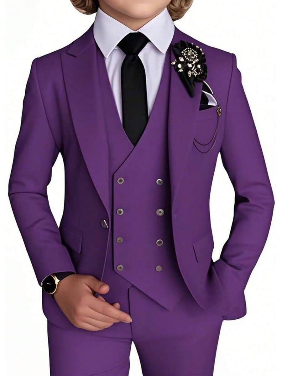 Stylish Boys 4 Piece Slim Fit One Button Formal Suit Set With Tie For Wedding Prom Party - Purple - View 1