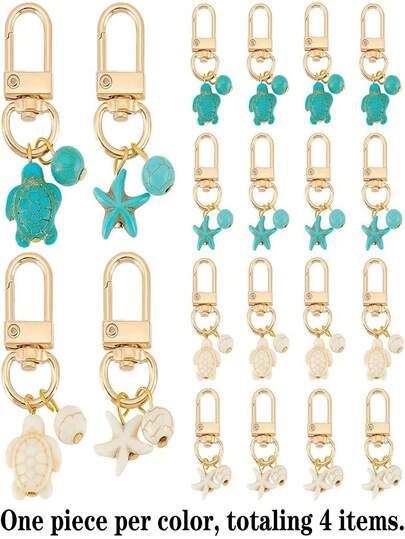 4pcs/Set Summer Beach Healing Style Turtle & Starfish Keychain Pendant: Blue-Green Fresh + Milky White Gentle Dual-Color Design, Metal Clasp + Faux Stone Decor, Cute Ocean Elements Keychain/Bag Charm (1 Of Each Color, 4 Pieces Total)