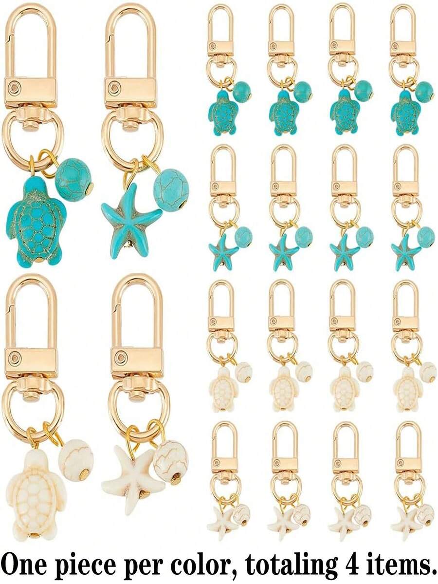 4pcs/Set Summer Beach Healing Style Turtle & Starfish Keychain Pendant: Blue-Green Fresh + Milky White Gentle Dual-Color Design, Metal Clasp + Faux Stone Decor, Cute Ocean Elements Keychain/Bag Charm (1 Of Each Color, 4 Pieces Total) - Multicolor - View 1