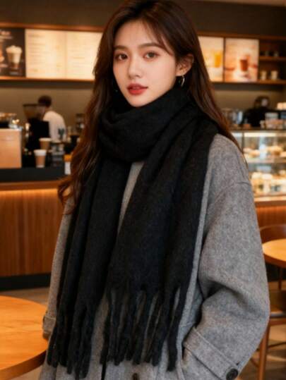 1pc Classic Solid Color Fringed Scarf, Unisex Fashion Casual Windproof Warm Shawl, Comfortable Blanket Scarf, Suitable For Daily Wear, Autumn/Winter