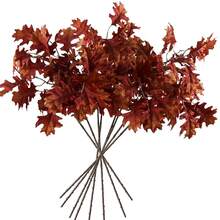 Artificial Fall Oak Tree Leaves Stems 8 PCS, Fall Decorations For Indoor Outdoor Halloween Than1ks 1giving Farmhouse Arrangement Decorations For Front Door Wedding Centerpieces In Autumn - 橡樹葉(橙紅色) - 查看 1
