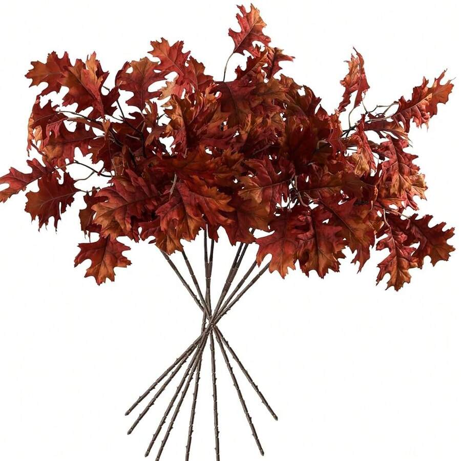 Artificial Fall Oak Tree Leaves Stems 8 PCS, Fall Decorations For Indoor Outdoor Halloween Than1ks 1giving Farmhouse Arrangement Decorations For Front Door Wedding Centerpieces In Autumn - 橡樹葉(橙紅色) - 查看 1