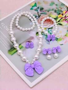 5pcs/Set Girls' Cute Bow Pearl Jewelry Set, Including Necklace, Bracelet, Earrings And Ring, Elegant Princess Style Gift