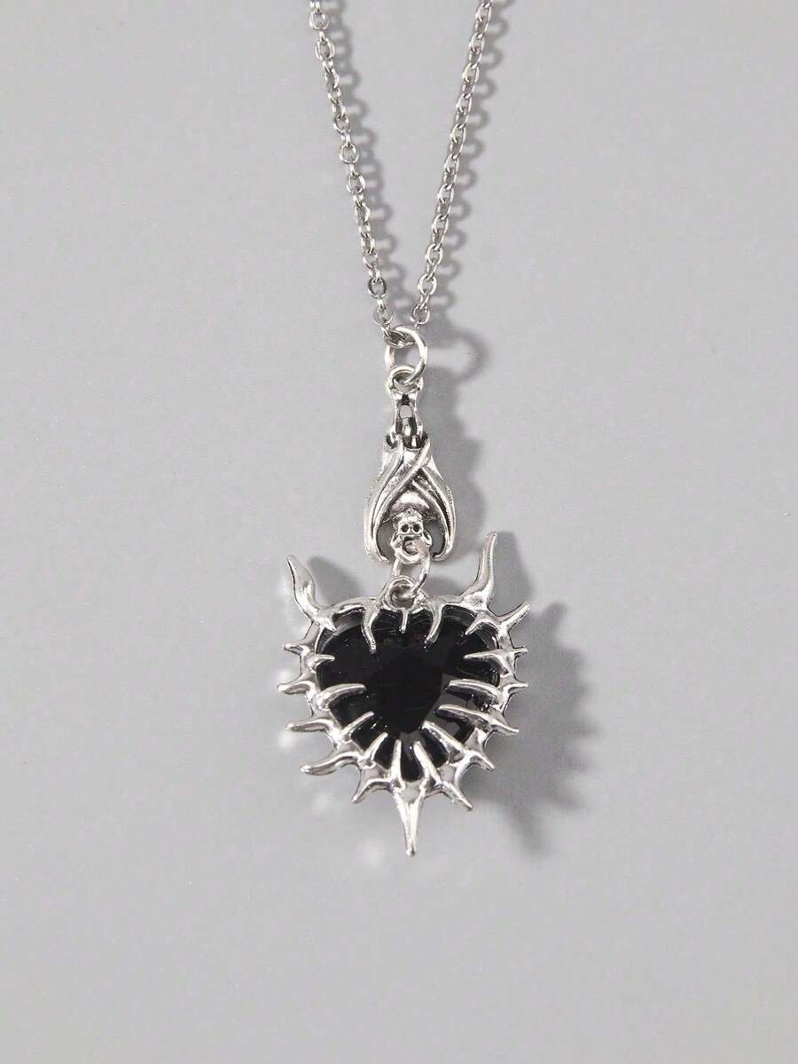 Vintage Dark Gothic Style Personalized Thorn Heart, Bat, Heart Pendant Necklace, Hip Hop Jewelry Necklace, Valentine's Day Gift - Silver - View 1