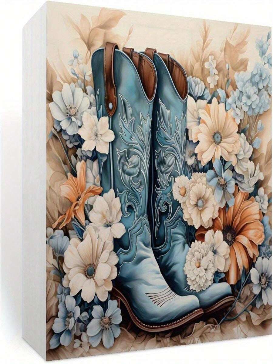 A Western Carriage Cowboy Boot Wooden Box With A Rustic Blue And Brown Floral Design, Perfect Gift For A Cowgirl, A Home Office Or Bathroom Shelf Decoration, 5x5 Inches, Cowboy Hat Decoration. - trắng - Xem 1