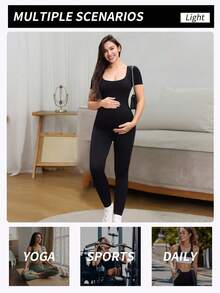 1pc Seamless Solid Color Short Sleeve Maternity Jumpsuit, Crafted With Seamless Knitting Technology For Perfect Body Fit. Black Skin-Friendly Fabric With Excellent Elasticity, Providing Flexibility And Support For The Abdomen, Suitable For Sports, Yoga, Jogging, Home, Commuting And Various Occasions.